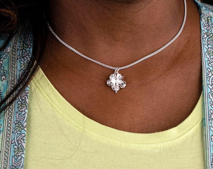 Hibiscus Flower Pendant with Chain in .925 Sterling Silver