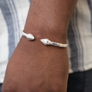 180 Thick West Indian Bangle with Cocoa Pod Ends and Calypso Pattern Handmade in .925 Sterling Silver
