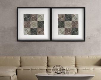 May include: Two black framed pictures with abstract geometric designs in shades of gray, brown, and white, hanging on a gray concrete wall above a beige sectional sofa and a white oval coffee table with a black metal sculpture on top.