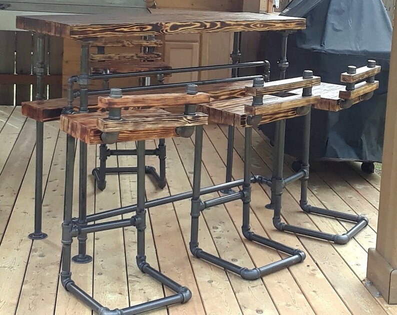 Black Pipe Bar Stool With Wood Seat And Low Back Image 0