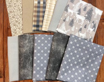 Schwarz und Weiß Fat Quarter Bundle | 11 Stück | Winter Hirsch