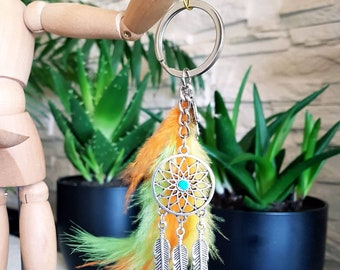 Orange, Yellow and Green Key Ring, Feather, Hamsa Hand, Dreamcatcher, Beautiful Charms, Key chain, feathers