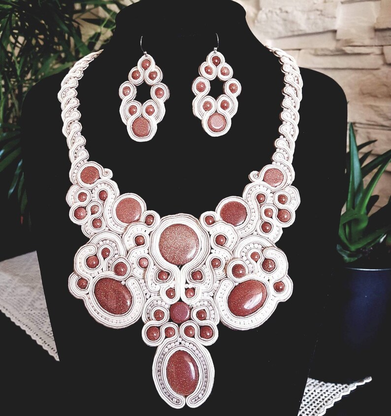Sandstone Unique Beige and Sand set of soutache earrings and necklace Oneofakind Bridal jewelry Vintage Wedding Oldfashion