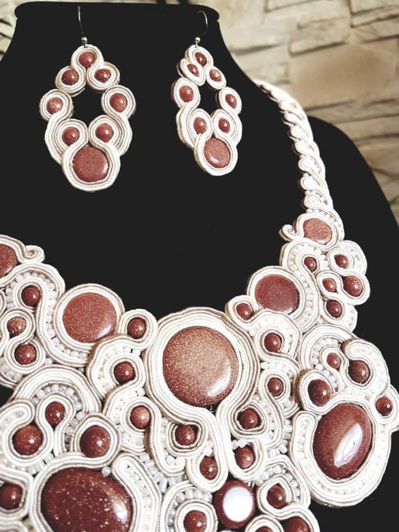 Sandstone Unique Beige and Sand set of soutache earrings and necklace Oneofakind Bridal jewelry Vintage Wedding Oldfashion