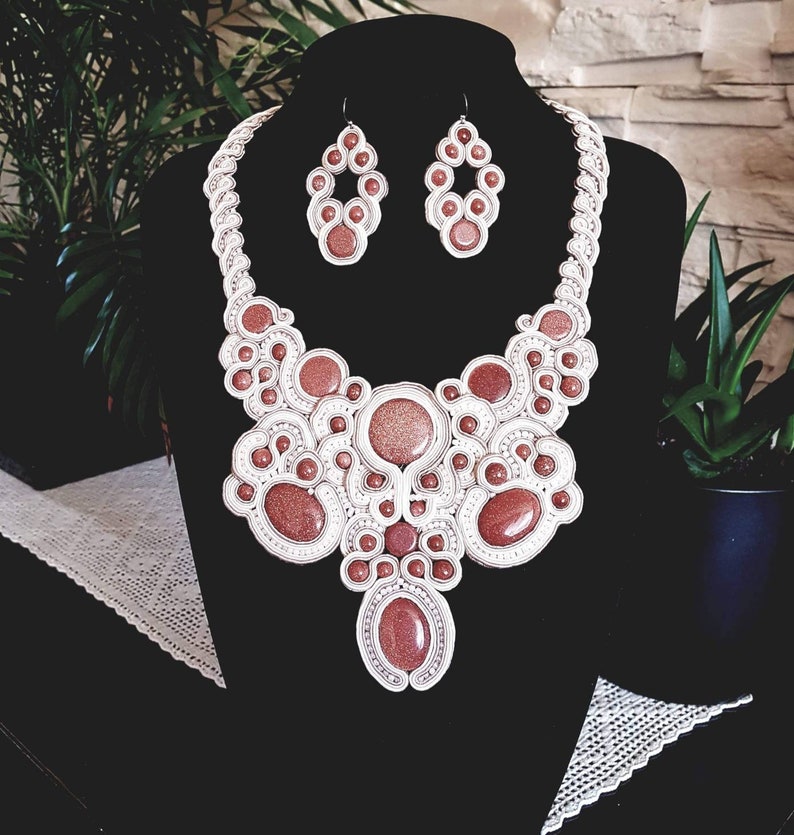Sandstone Unique Beige and Sand set of soutache earrings and necklace Oneofakind Bridal jewelry Vintage Wedding Oldfashion