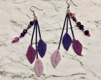 FAIRY - Boucles d'oreilles Violettes en Macramé / Bijoux en Macramé / Micro Macramé / Inspiration Nature / Cadeau pour Elle / Feuilles