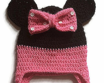 SOURIS - Bonnet Rose Crochet - Bonnet Bébé/Enfant - Bonnet Adolescent/Adulte - Tricoté Main - Bonnet avec Cache Oreilles - Idée Cadeau Noël