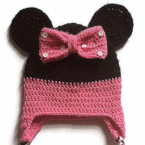 SOURIS - Bonnet Rose Crochet - Bonnet Bébé/Enfant - Bonnet Adolescent/Adulte - Tricoté Main - Bonnet avec Cache Oreilles - Idée Cadeau Noël