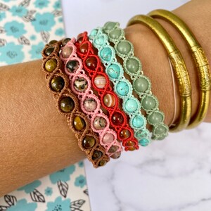 GEMS Macramé woven bracelets Semi Precious Pearl bracelets: Carnelian, Tiger's Eye, Turquoise Gift Idea image 1