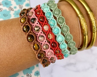 GEMS - Macramé woven bracelets - Semi Precious Pearl bracelets: Carnelian, Tiger's Eye, Turquoise - Gift Idea