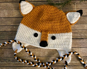 RENARD - Bonnet au Crochet - Bonnet Bébé/Enfant - Bonnet Adolescent/Adulte - Tricotés Main - Bonnet avec Cache Oreilles - Idée Cadeau Noël