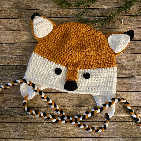 RENARD - Bonnet au Crochet - Bonnet Bébé/Enfant - Bonnet Adolescent/Adulte - Tricotés Main - Bonnet avec Cache Oreilles - Idée Cadeau Noël