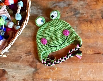 FROG - Bonnet Grenouille Crochet - Bonnet Bébé/Enfant - Bonnet Adolescent/Adulte - Tricotés Main - Bonnet avec Cache Oreilles - Idée Cadeau