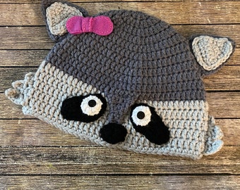 RACCOON - Bonnet Raton Laveur au Crochet - Bonnet Bébé/Enfant - Bonnet Ado/Adulte - Tricotés Main - Bonnet avec Cache Oreilles - Idée Cadeau