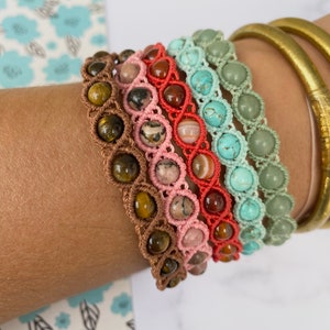 GEMS Macramé woven bracelets Semi Precious Pearl bracelets: Carnelian, Tiger's Eye, Turquoise Gift Idea image 2