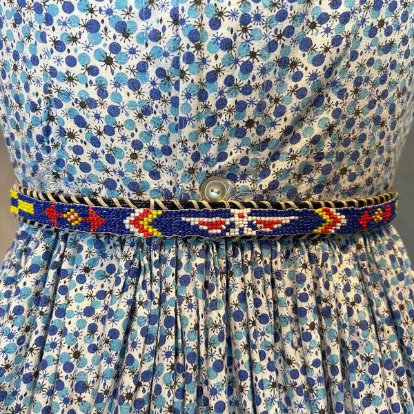 Vintage 1950s/1960s Kitchy Native American Beaded Pattern on Leather Belt - In Such bad Taste!