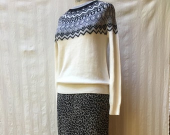 Vintage Black White & Grey Fair Isle Crew Neck Sweater - On Trend