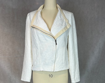 White Stretch Cotton Designer Moto/Motorcycle Jacket -  Highly Textured and Ready For Spring/Summer