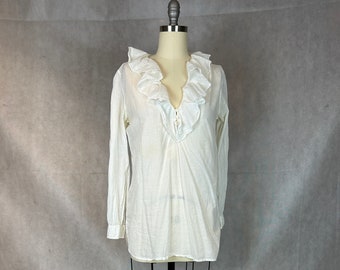 Vintage 90s Cotton Voile Romantic Women's Blouse - Ruffled Neck and Elegantly Long Length