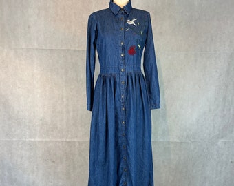 Vintage 80/90s Full Length Blue Denim Fitted Jean Dress With Button Front & Embroidered Detail