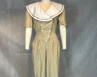 Vintage 80s Tan & White Nautical Sailor Jumpsuit/Romper with Adjustable Belt Back