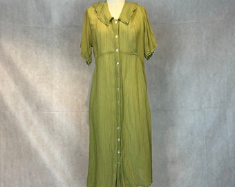 Vintage jaren 1980/1990 Crinkle Rayon Empire Button Front Maxi Dress - Verzadigd Olijfgroen - Zo flatterend