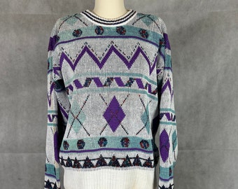 Vintage Classic 1980s Sweater - Geometric Purple, Teal & White - Oversized and Perfect!