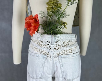 Upcycled Bleached & Over Bleached button Fly Straight Leg Jeans With Vintage Lace Back Yoke Insert