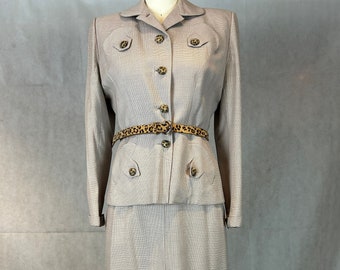 Mint Vintage 1950s Women's 2 Piece Suit - Taupe/Tan Gaberdine Jacket and Skirt  with Leopard Print Covered Buttons - Excellent Condition!