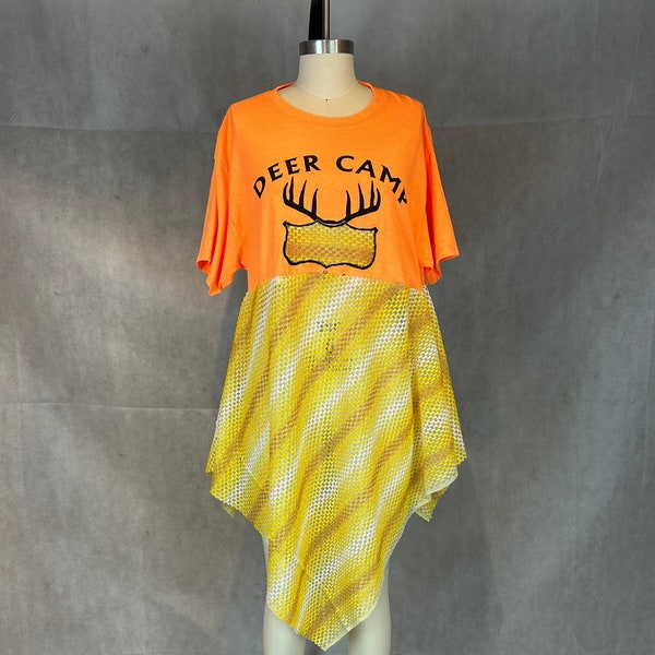 Upcycled Random Mashup of Orange Deer Hunters Shirt and Vintage Woven 1970s Drapes: Dress/Tunic With Peel-a-Boo Panel