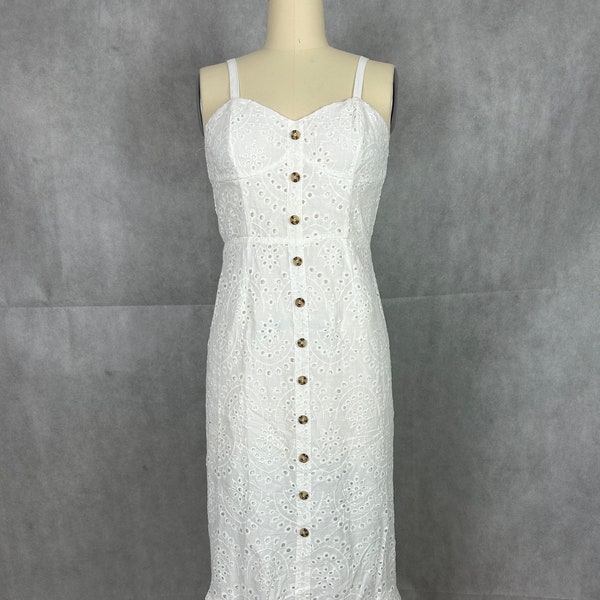 Vintage Cotton Eyelet Sundress with Fitted Bustier Bodice and a Ruffled Hem - Button Front and Elastic Smocked Back