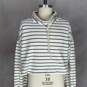 Classic French Style Off White & Navy Striped Terry Top with Drawstring Mock Turtle Neck - Unisex
