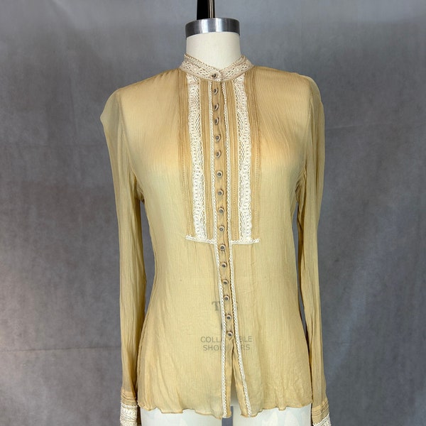 Vintage Designer Victorian/Edwardian Inspired Silk Chiffon, High Neck, Button Front, Pin Tucked, Lace Trimmed Blouse