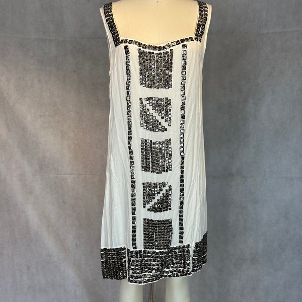 Vintage 90s Does 20s Off White Dress With Geometric Silver Beaded Trim for Your 21st Century Jazz Baby