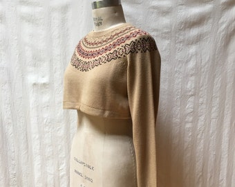 Upcycled Vintage Tan, Brown, Rust Earth Tone Fair Isle Crew Neck Sweater