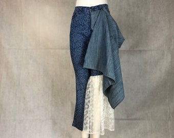 Deconstructed Hybrid Yin Yang Unisex "Skants" - Half Skirt, Half Pants - Leopard Print/Animal Print Jeans, Jean Skirt & Lace Petticoat!