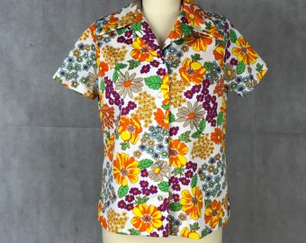 Vintage 60s or 70s Brightly Colored Floral Blouse with Mod Flowers