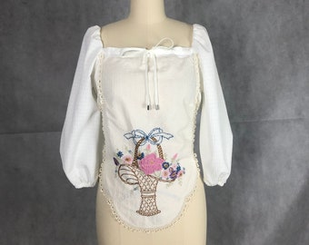 Vintage Hand Embroidered Table Runner & Puffed Sleeve Blouse Creates an Old Fashioned yet On Trend Top