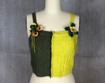 Upcycled Mash Up Green & Yellow Cropped Vest with Granny Square Flower Trim