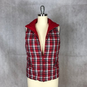 Vintage reversible rojo sólido / rojo plaid puffer vest