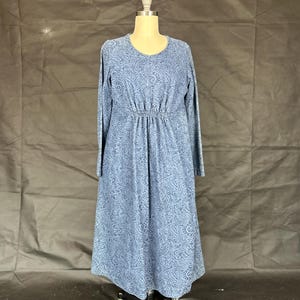May include: A long-sleeved blue dress with a paisley pattern. The dress has a gathered waist and a flowing skirt.