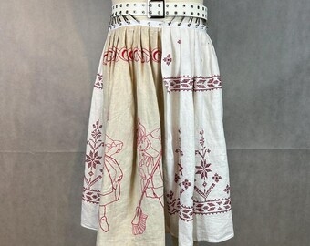 Chop & Mash Skirt: Upcycled Vintage Antique Red Work Linens Become a Pleated Skirt Attached to a Grommeted Belt With Hardware