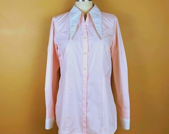 Upcycled Gender Neutral Pink Dress Shirt With Added Dagger Collar & Cuffs - English Designer Inspired 70s Tribute.
