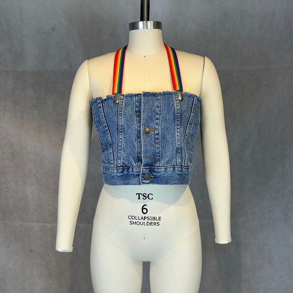 Deconstructed Jean Jacket Turns Into Strapless Denim Vest With Rainbow Pride Toddler Suspenders