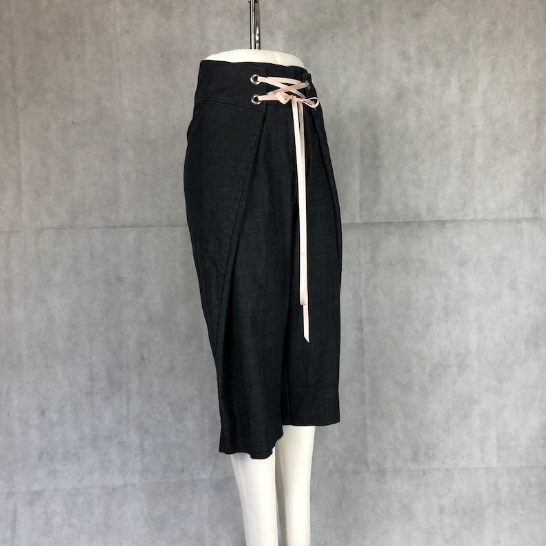 Upcycled Downsized Dark Wash Denim Capri Pants with Silver Grommet Closure and Rayon Ribbon