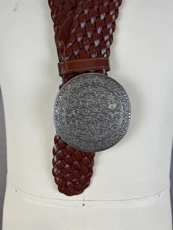 Leather Braided Belt with Large Circular Buckle Vintage 2 main image 4