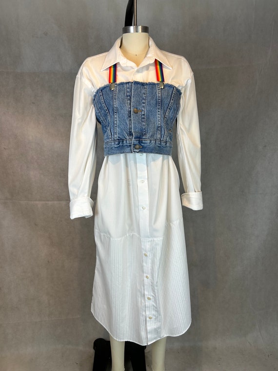 Deconstructed Hybrid of 2 Vintage Men's Dress Shirts Become Full Length Unisex Shirt Dress with Ultimate Possibilities