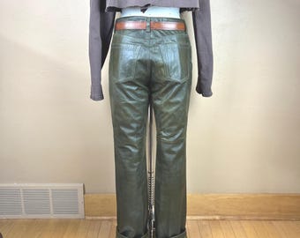 Vintage Olive Green Leather Pants - 5 Pocket Jeans Cut - Mint Condition