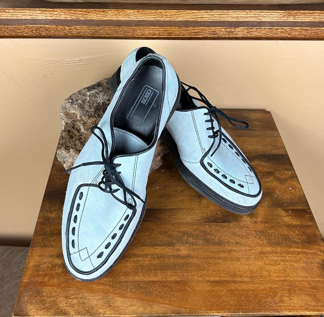 Vintage 1950s Style Men's Baby Blue Suede Shoes With Black Trim