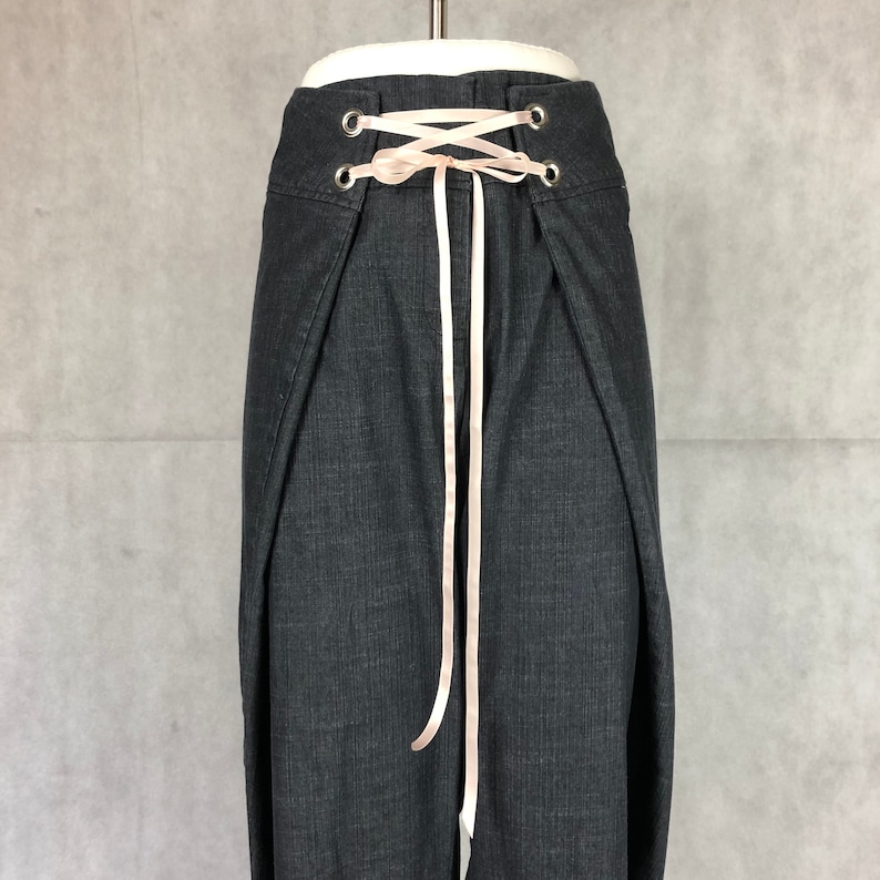 Upcycled Downsized Dark Wash Denim Capri Pants with Silver Grommet Closure and Rayon Ribbon